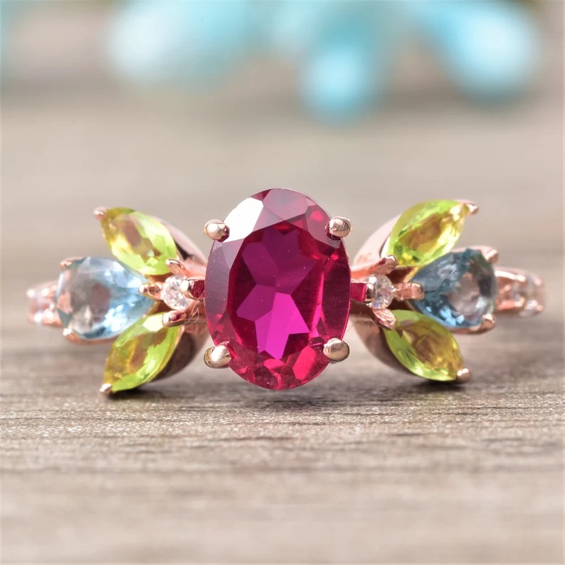 Beautiful Ruby Peridot Engagement Ring, 925 Solid Sterling Silver Ring, Ruby Cluster Ring, Ruby Aquamarine& peridot Ring Multi Gemstone Ring