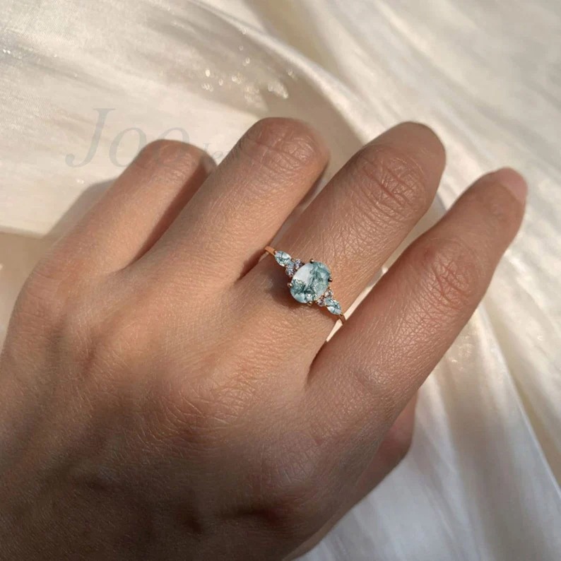 1.5ct Oval Cut Natural Moss Agate Engagement Rings Rose Gold Silver Cluster Aquatic Agate Promise Ring Marquise Moss Moissanite Wedding Ring