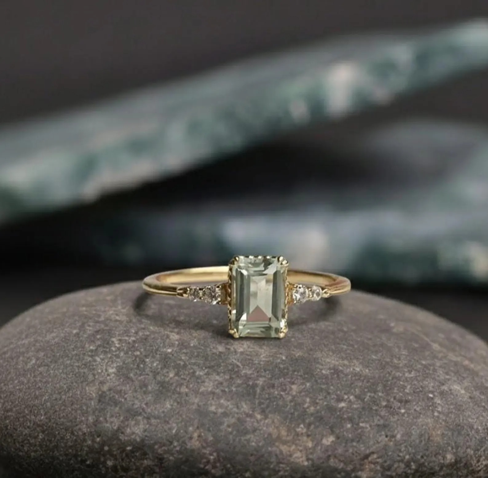 Vintage Green Amethyst Emerald Cut Ring, 14K Solid Yellow Gold Engagement Ring, CZ Round Cut Moissanite Anniversary Ring, Christmas Gift