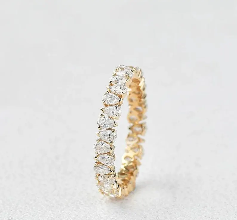 Pear Cut Moissanite Wedding Band, Vintage Full Eternity Stacking Gold Band, Minimalist Anniversary Band, Dainty Bridal Gold Vintage Jewelry
