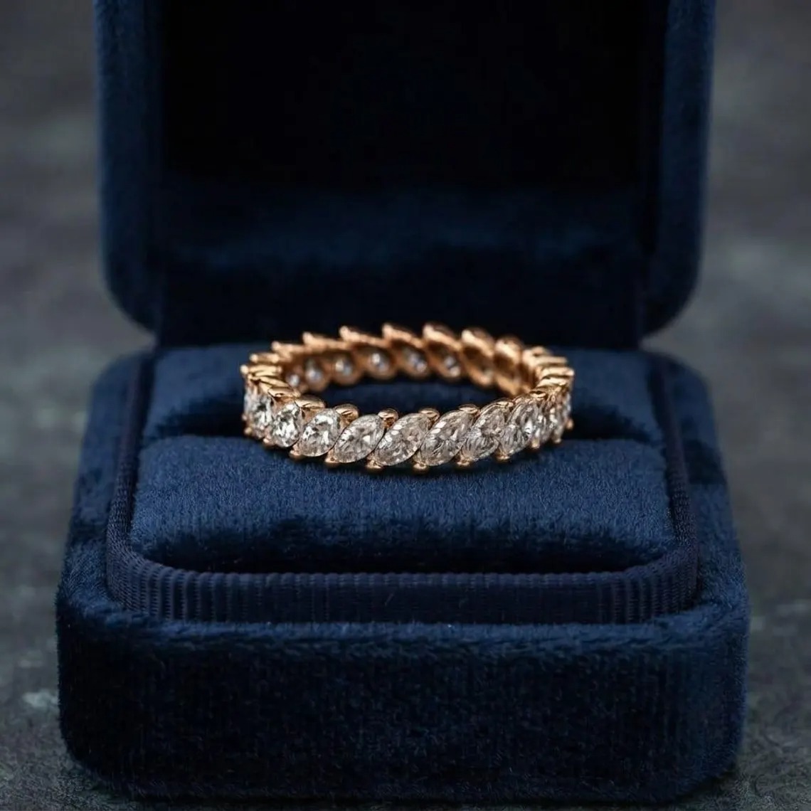 Marquise Diamond Eternity Band, Gold Wedding Band, Vintage Marquise Cut Ring, Anniversary Gold Band, Stacking Bridal Diamond Ring Gifts