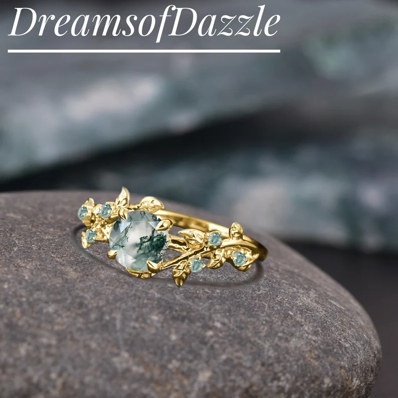 Vintage moss agate engagement ring round art deco leaf promise ring Nature inspired solid white gold cluster ring Unique Anniversary gifts