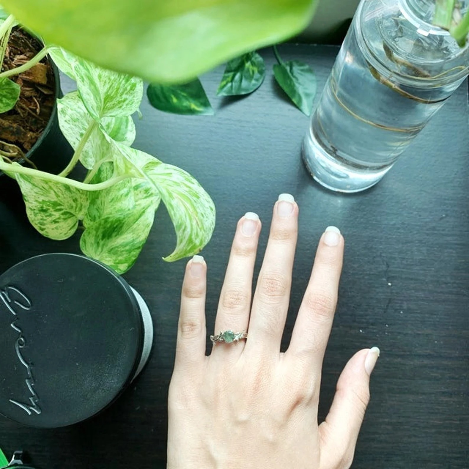 Vintage moss agate engagement ring Art deco leaf promise ring Nature inspired solid 14K 18K white gold cluster ring Unique Anniversary gifts