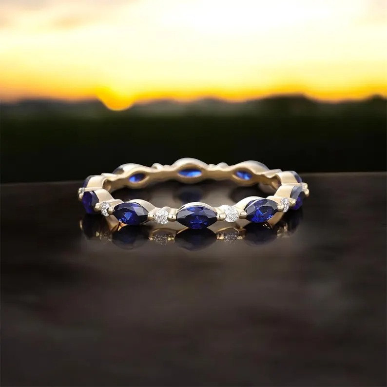 Full Eternity Stackable Band Lab Blue Sapphire Band CZ Solid 925 Sterling Silver Wedding Band, Eternity Band September Stone