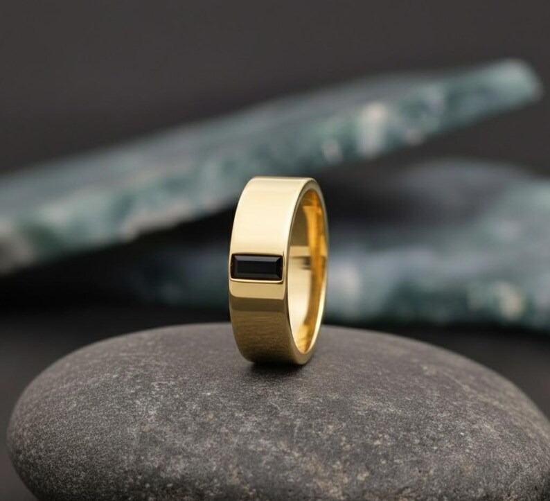 Black Onyx Wedding Band, Baguette Cut Onyx Band, Black Gold Ring Men's Smooth Hammered Stacking Matching Band Vintage Ring, Valentine Gift