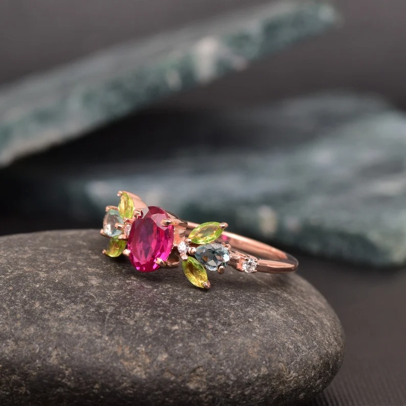 Beautiful Ruby Peridot Engagement Ring, 925 Solid Sterling Silver Ring, Ruby Cluster Ring, Ruby Aquamarine& peridot Ring Multi Gemstone Ring