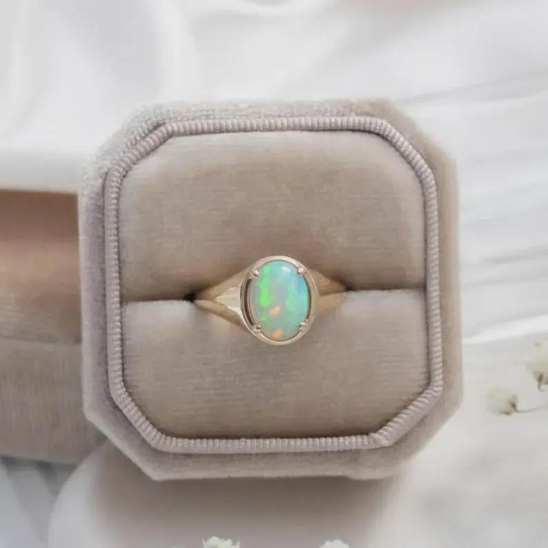Natural Opal Ring 14k Solid Gold Ring, Oval Cut Opal Engagement Ring, October Birthstone Ring, Delicate Opal Ring, Gold Statement Jewelry