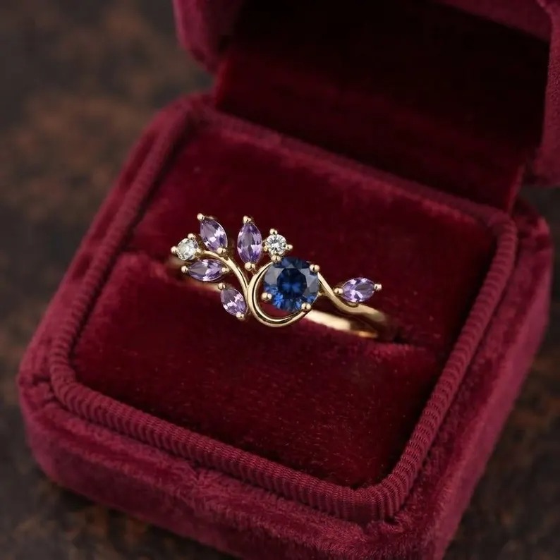 Blue Sapphire & Purple Amethyst Leaf Cluster Ring, Gold Statement Ring, Vintage Inspired Cocktail Ring, Boho Jewelry, Elegant Gift For Her