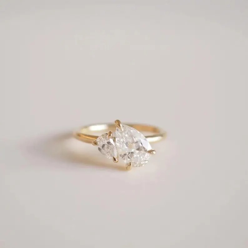 Toi Et Moi Moissanite Engagement Ring, Moissanite Pear Cut Baby & Mom Promise Ring, Double Stone Ring, 14K Solid Gold Anniversary Ring Gifts