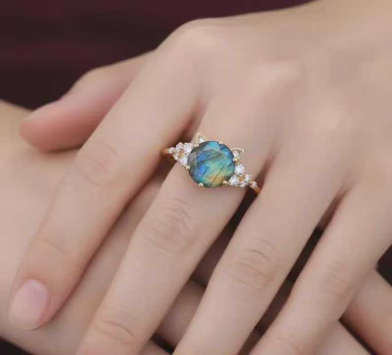 Unique Cat Ring Blue Gemstone Rose Gold Ring, Unique Cat Lover Gift, Round Labradorite Gemstone Wedding Ring, Cat Ear Promise Ring for Her