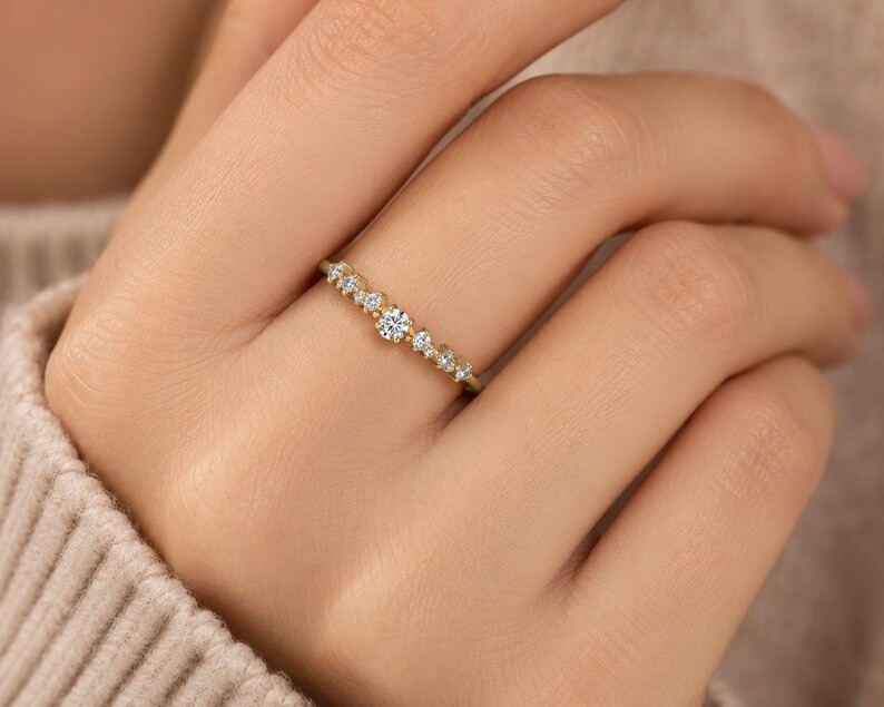 Round Cut Moissanite Half Eternity Band, Vintage Diamond Cluster Engagement Ring, Anniversary & Wedding Promise Ring For Her, Christmas Gift