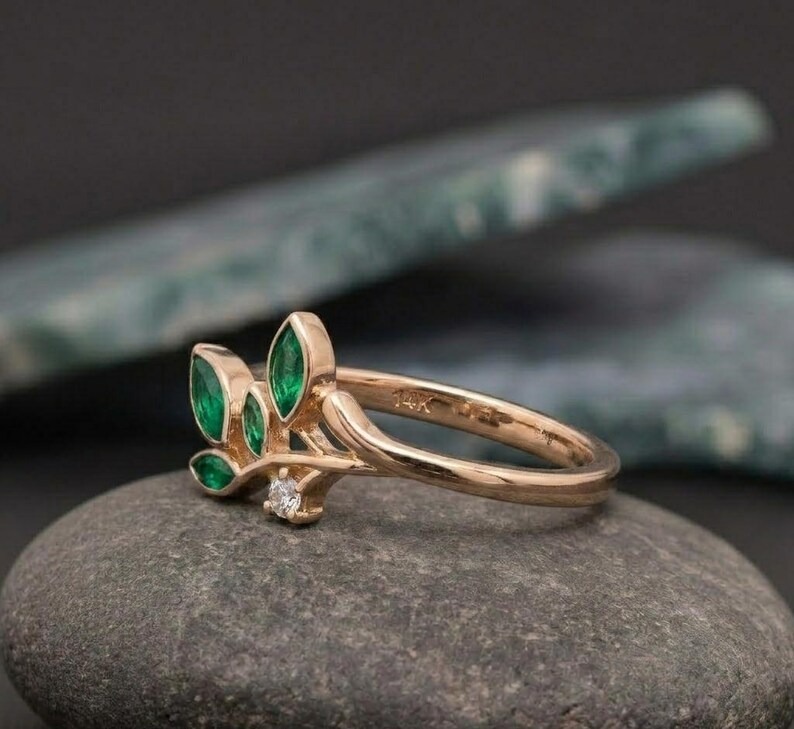 Floral Leaf Marquise Emerald Ring, Dainty Green Accent Engagement Ring, Promise Ring, Nature Inspired Ring For Her, Green Gemstone Leaf Ring
