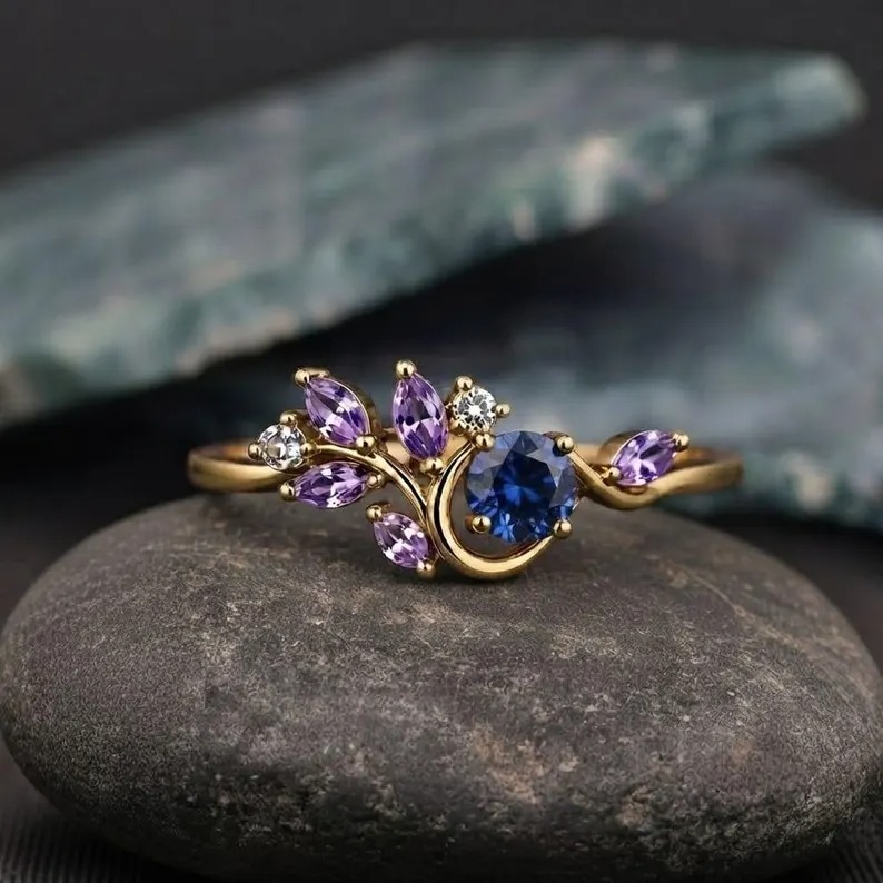 Blue Sapphire & Purple Amethyst Leaf Cluster Ring, Gold Statement Ring, Vintage Inspired Cocktail Ring, Boho Jewelry, Elegant Gift For Her