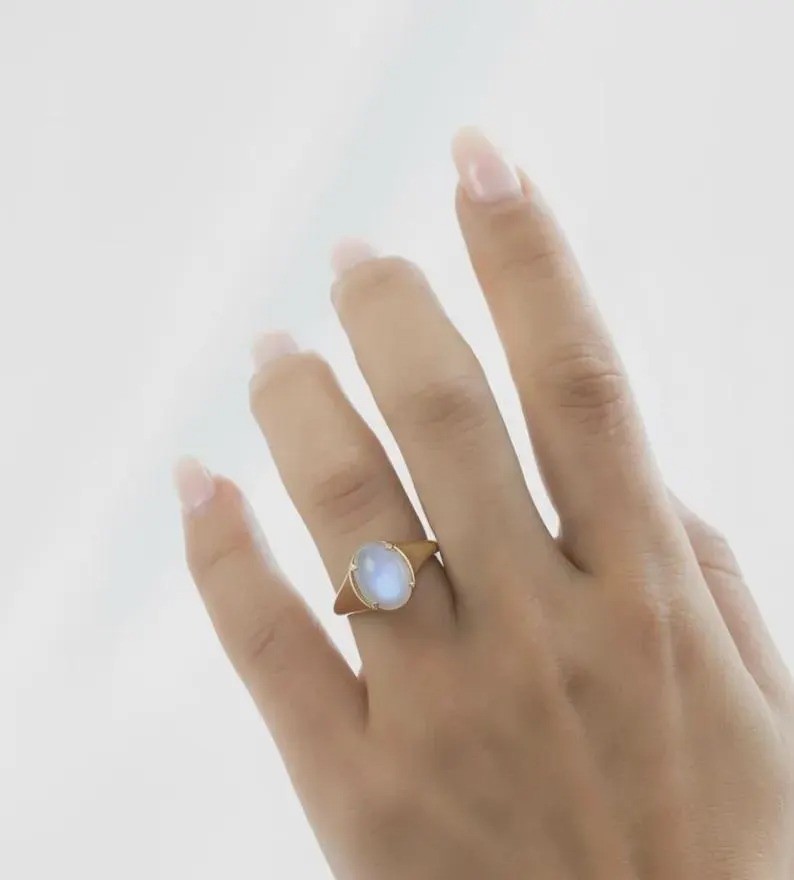 Rainbow Moonstone Ring, Single Gemstone Solitaire Oval Signet Ring, June Birthstone, 14k Gold Signet Ring, Vintage Bezel Prong Signet Ring