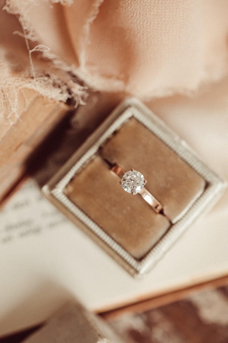 14K Solid Gold Round Cut Solitaire Moissanite Engagement Ring, Two Tone 4 Prongs Promise Ring, Wide Band Wedding Ring, Proposal Ring for Her
