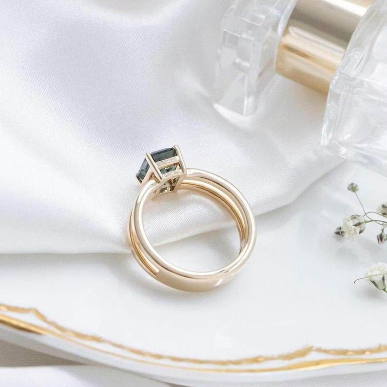 Unique Teal Sapphire Engagement Ring, Emerald Cut Peacock Sapphire Cluster Wedding Ring, Double Band Bridal Ring, Art Deco Promise Ring