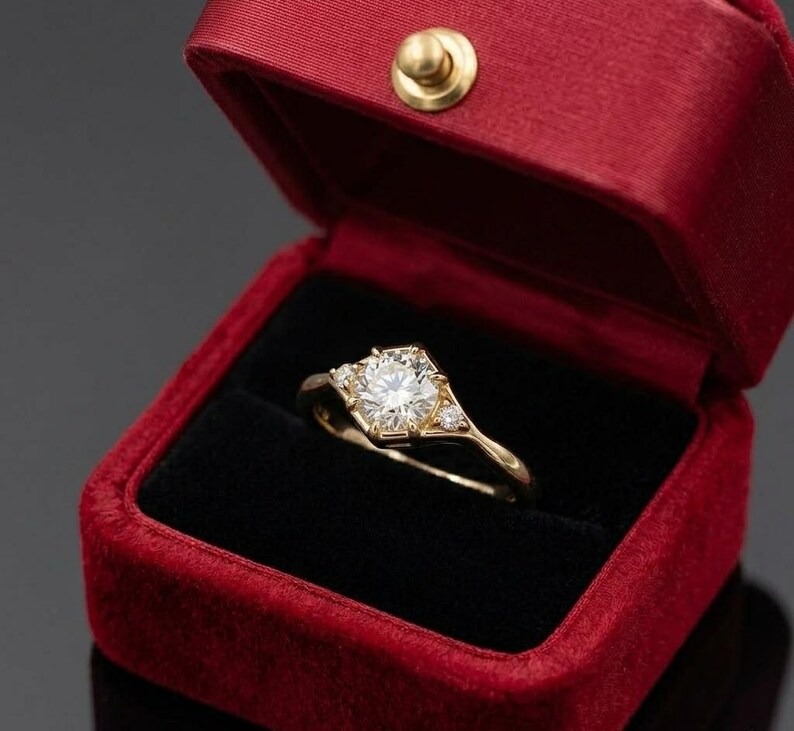 Minimalist Gold Engagement Ring, Round Cut Moissanite Ring, Dainty Promise Ring, Vintage Style Bridal Ring, Unique Wedding Ring Gift for Her