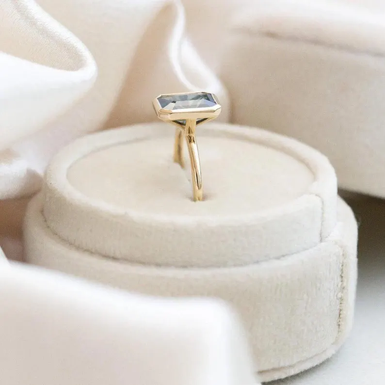 14K Yellow Gold Emerald Cut Teal Sapphire Engagement Ring, Bezel Set Ring, Gold Bridal Ring, Promise Ring, Handmade Ring, Gift For Her