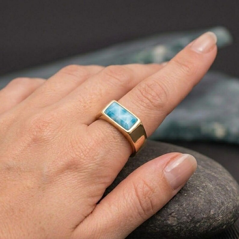 Dainty Blue Larimar 14k Gold Signet Ring, Minimalist Unisex Statement Ring, Baguette Gemstone Ring, Promise Ring, Christmas Gift For Her