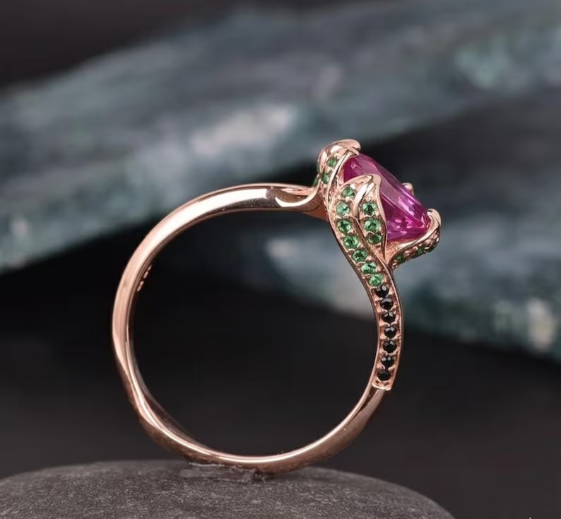Round Cut Pink Sapphire Ring 18K Yellow Gold Bridal Ring, Delicate Art Deco Jewelry, Green And Black Gemstone Accents, Personalized Ring