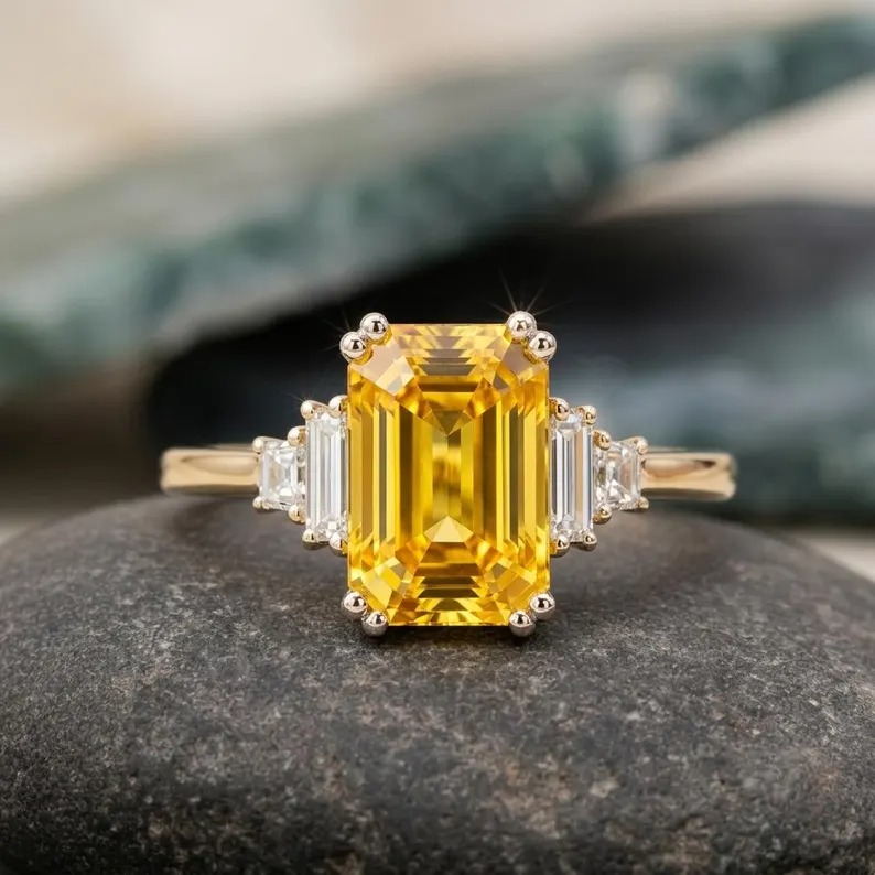 Elegant Emerald Cut Citrine Ring in Gold with Diamond Accents – Vintage Inspired Statement Jewelry Wedding Ring Women Proposal Ring Gift