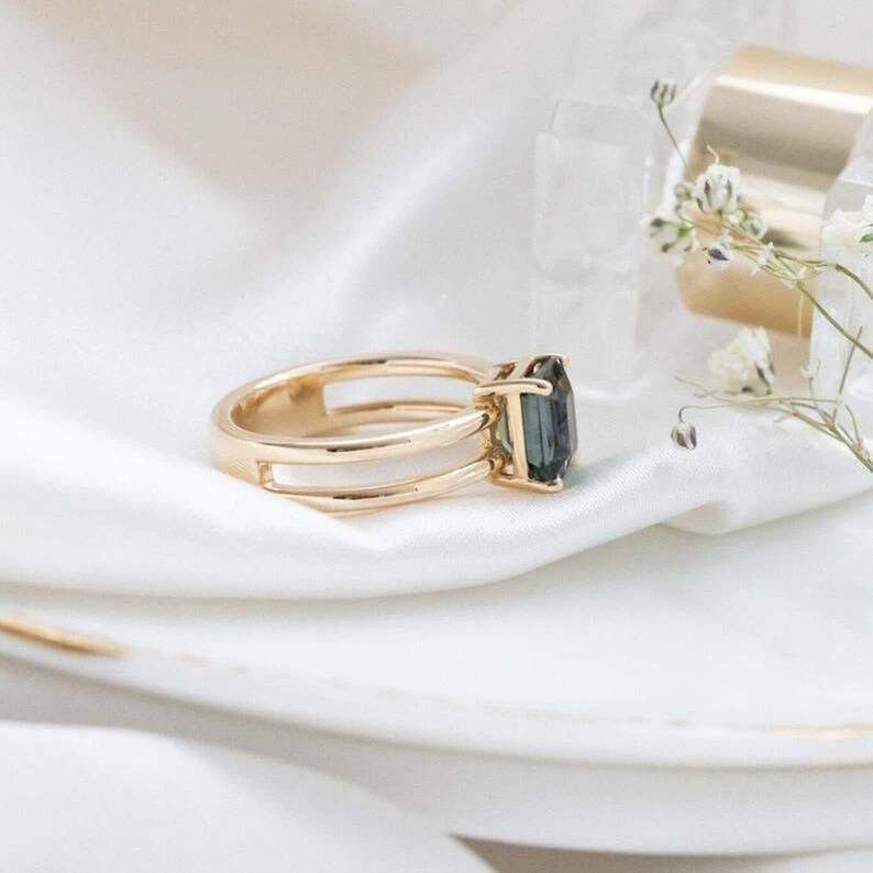 Unique Teal Sapphire Engagement Ring, Emerald Cut Peacock Sapphire Cluster Wedding Ring, Double Band Bridal Ring, Art Deco Promise Ring