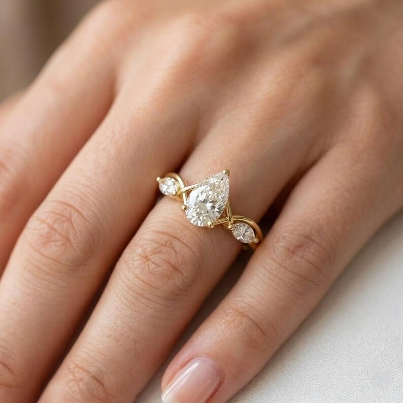 Whispering Unique Leaf Pear Diamond Ring, Nature Inspired Engagement Ring, Unique Gold Promise Ring Dainty Marquise Side Stones Gift for Her