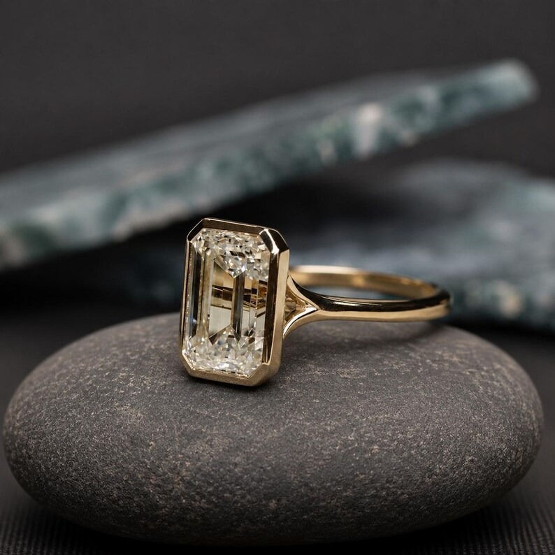 3 CT Emerald Cut Moissanite Engagement Ring 14K Gold Ring Bezel Set Wedding Rings Moissanite Bezel Set Solitaire Ring Promise Ring for Women