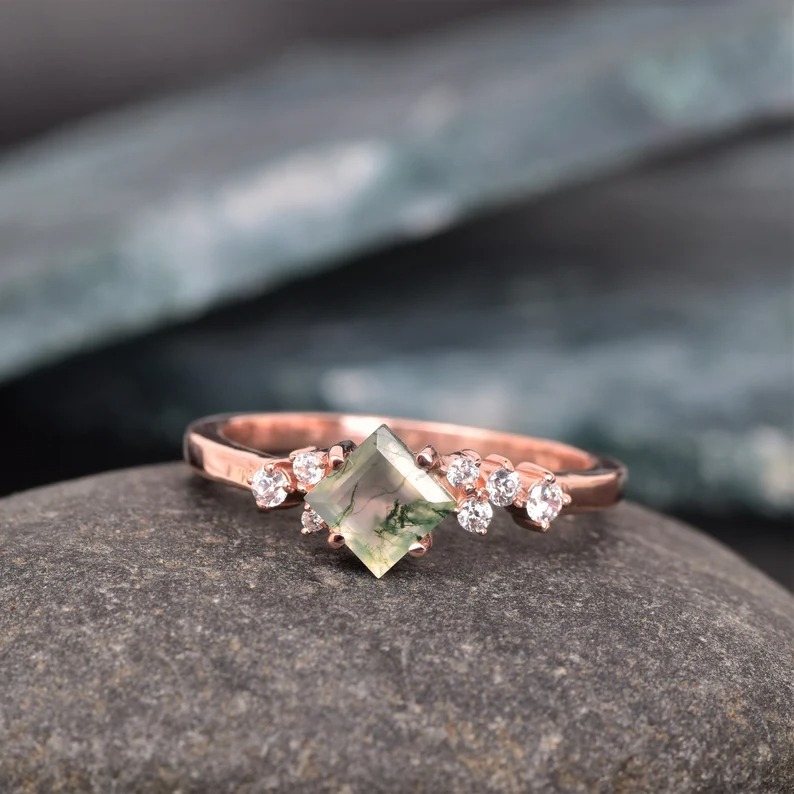 Natural Princess Cut Moss agate ring, Vintage Unique princess cut green moss agate engagement ring, Antique Bridal promise wedding ring