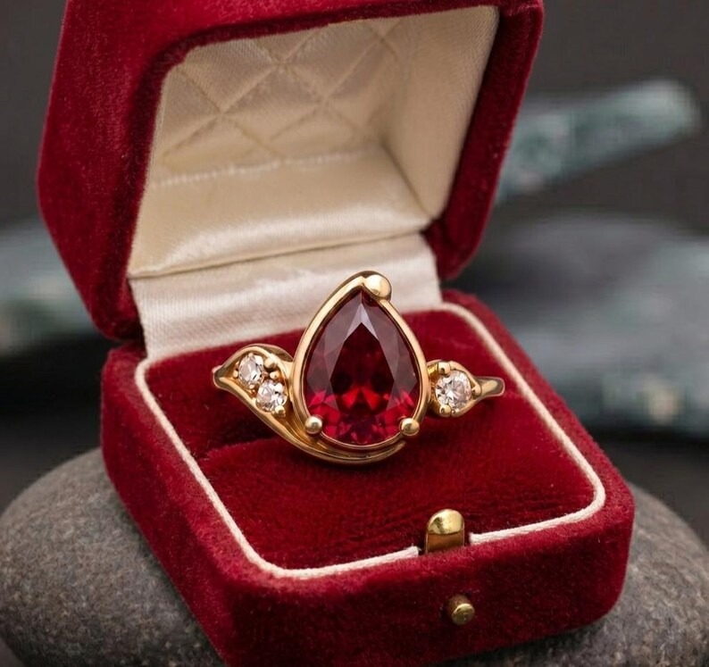 Ruby Ring-14k Solid Gold Ring, Pear Cut Red Gemstone Gold Ring with Diamond Accents, Vintage Red Ruby Promise Ring for Women, Bridal Jewelry