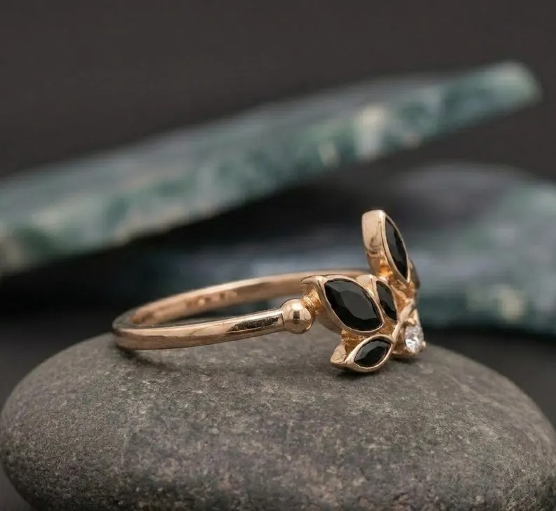 Floral Leaf Marquise Cut Onyx Ring, Dainty Diamond Accent Engagement Ring, Proposal Ring, Nature Inspired Ring For Her, Black Onyx Leaf Ring