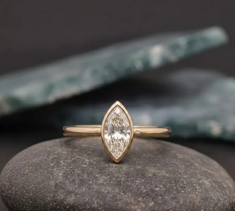 Marquise Cut Moissanite Engagement Ring, Diamond Wedding Ring, 14k Solid Gold Solitaire Bezel Set Anniversary Gift, Single Stone Bridal Gift