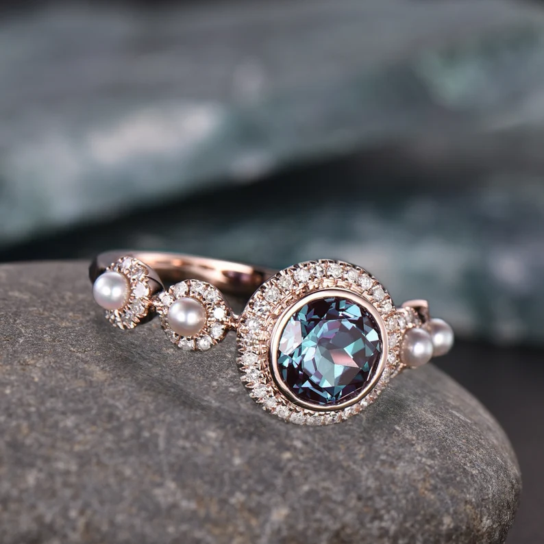 Vintage unique oval Alexandrite engagement ring 14k rose gold Akoya Pearl ring halo moissanite ring 8 prong bridal wedding ring for women
