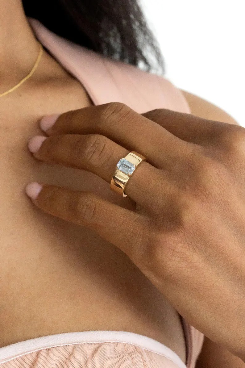 Emerald Cut Aquamarine Ring, Vintage 14k Solid Gold Anniversary Ring, March Birthstone Gifts Women, Aquamarine Engagement Ring For Her