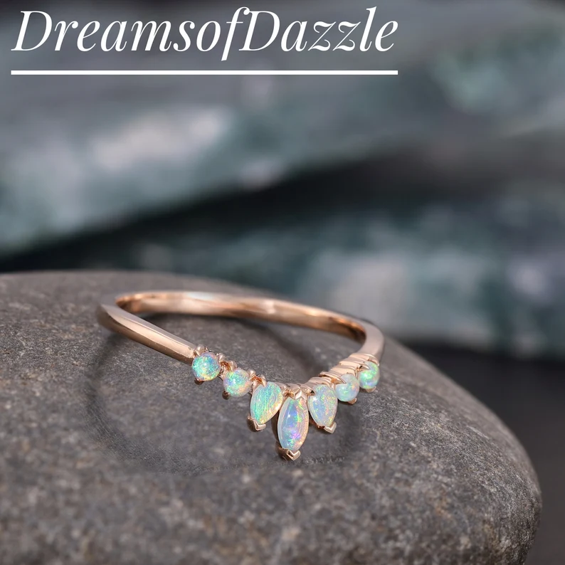 Opal Wedding Ring Opal Sapphire Wedding Band Half Eternity Matching Band Rose Gold Plated Sterling Silver 10K/14K Rose Gold Anniversary Ring