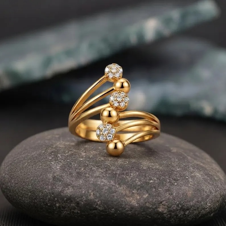 Gold Wrap Ring, Minimalist Adjustable Statement Ring, Dainty Open Band Ring, Round Moissanite Ring, Gift For Her, Modern Jewelry