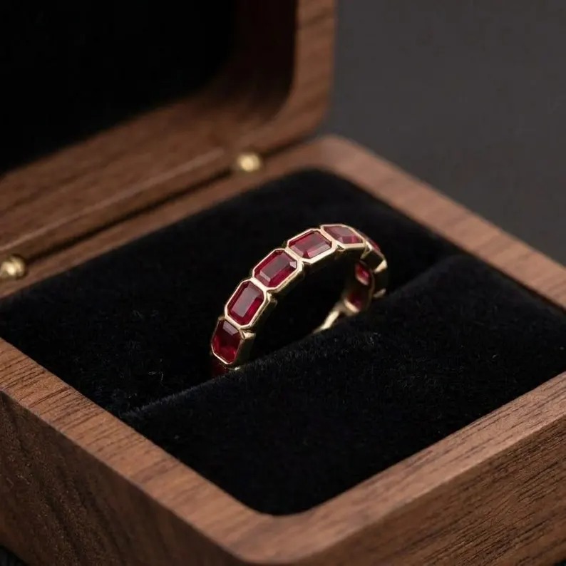 Baguette Cut Bezel Set Red Ruby Wedding Band, 14K Yellow Gold Dainty Anniversary Gift For Her, Stackable Bridal Jewelry Full Eternity Band