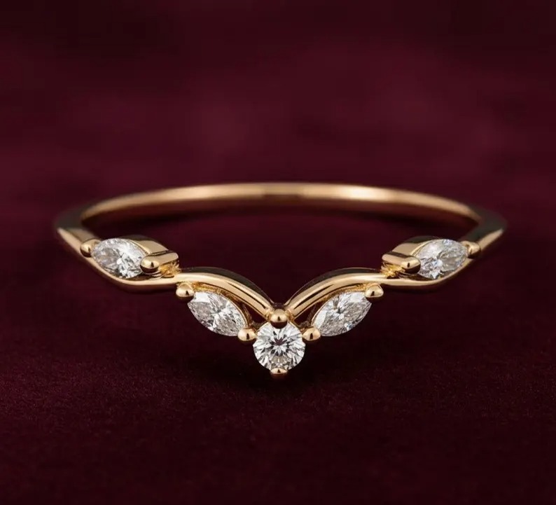 Marquise Cut Moissanite Curved Wedding Band, Unique Yellow Gold Diamond Ring, Matching Stackable Band Ring, Anniversary Bridal Promise Ring