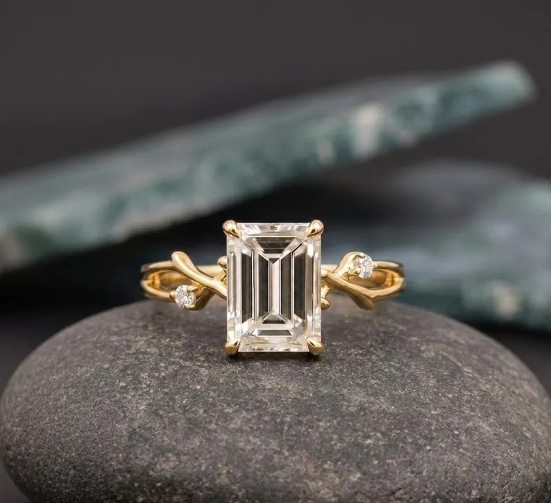 3CT Emerald Moissanite Engagement Ring, 14K Gold Hidden Halo with Diamond Cluster Ring, Nature Inspired Moissanite Ring, Anniversary Gift