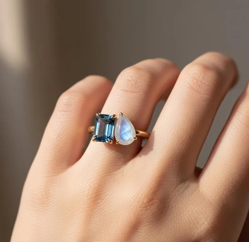 Toi Et Moi London Blue Topaz Engagement Ring, Topaz & Moonstone Wedding Ring, Antique Two Gemstone Bridal Ring,Anniversary Gift Ring For Her