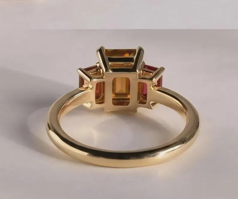 Emerald Shape Citrine & Baguette Cut Ruby Cluster Statement Wedding Ring, Prong Setting Gemstone Anniversary And Proposal Gift Ring For Her