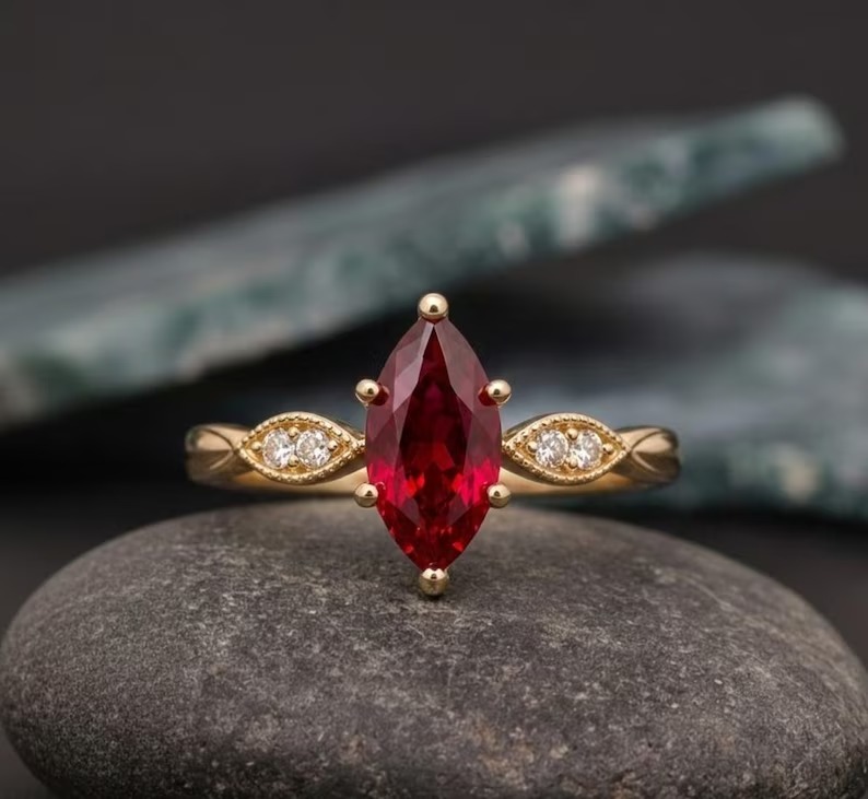 Marquise Ruby Ring Gold | Vintage Engagement Ring | Ruby Diamond Ring | Handmade Dainty Bridal Ring | Unique Gemstone Jewelry Gift for Her