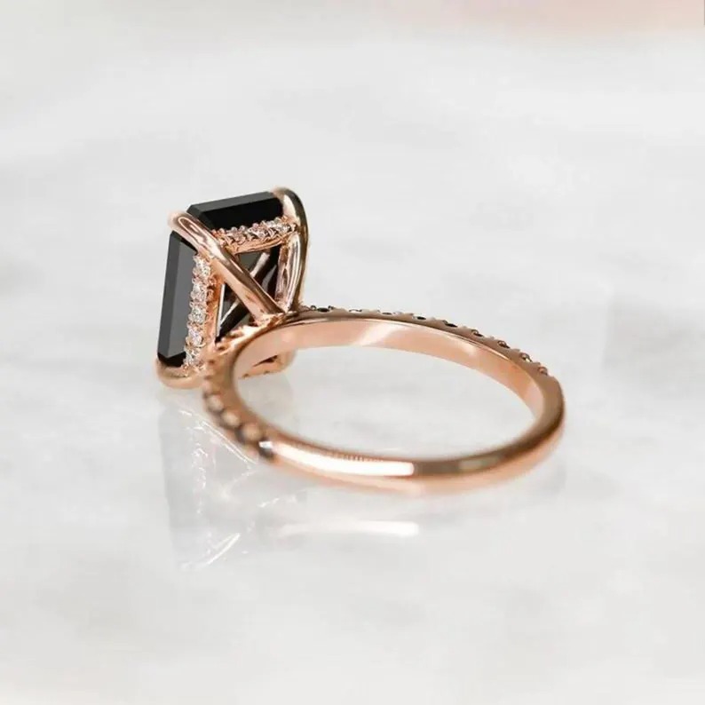 Art Deco Emerald Shaped Black Onyx Engagement Ring, 925 Silver Black Gemstone Wedding Ring Unique Black Onyx Bridal Anniversary Promise Ring