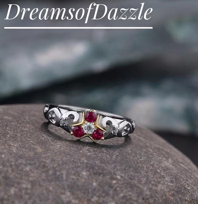 Triforce Zora's Ruby Spiritual Stone Diamond Ring, 14K Gold Legend of Zelda Inspired Ring, Video Game Engagement Ring, 925 Sterling Ring