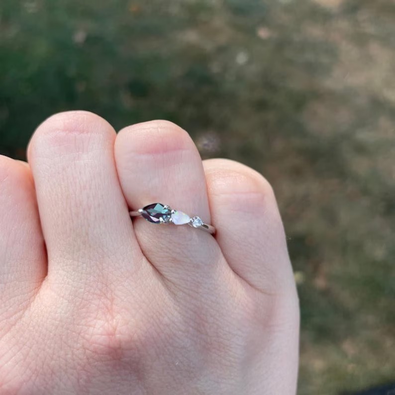 Vintage Alexandrite Opal Engagement Ring, Pear Cut Gems Art Deco Moissanite Wedding Band, Personalized Anniversary Gift Ring For Wife