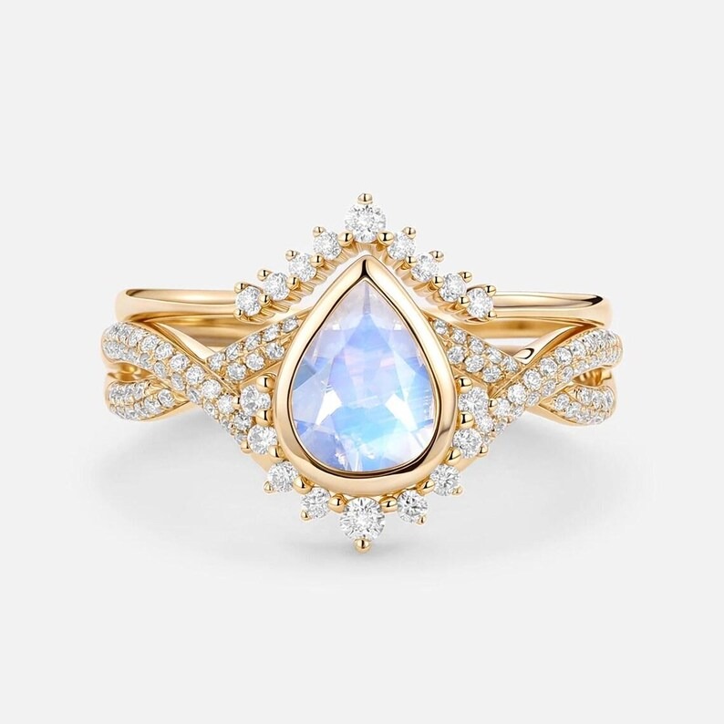 Natural Pear Cut Moonstone Engagement Ring Set, Vintage Infinity Moissanite Cluster Wedding Bridal Set, 14K Bezel Setting Rose Gold Ring Set