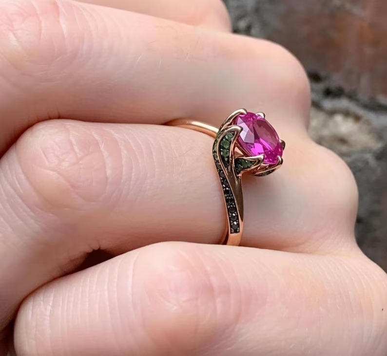 Round Cut Pink Sapphire Ring 18K Yellow Gold Bridal Ring, Delicate Art Deco Jewelry, Green And Black Gemstone Accents, Personalized Ring