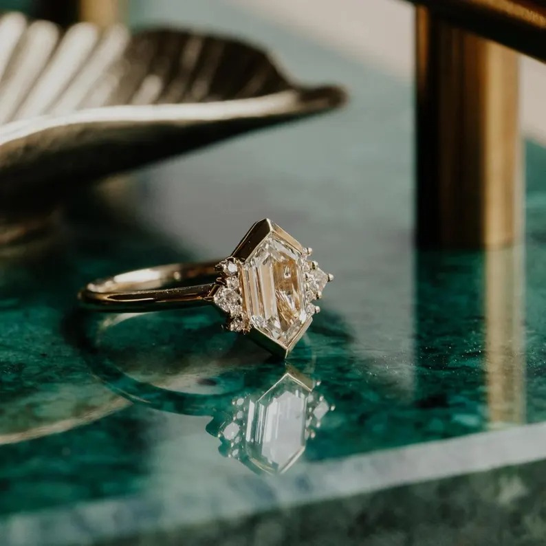 Elongated Hexagon Cut Moissanite Solitaire Ring, Dainty Wedding Bridal Ring, Comfort Fit Anniversary Ring, Promise Proposal Ring For Women