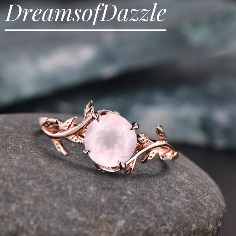 1ct Round Cut Natural Pink Rose Quartz Ring Rose Gold Simple Engagement Rings Leaf Solitaire Ring Heal Crystal Ring Natural Stone Ring Gift