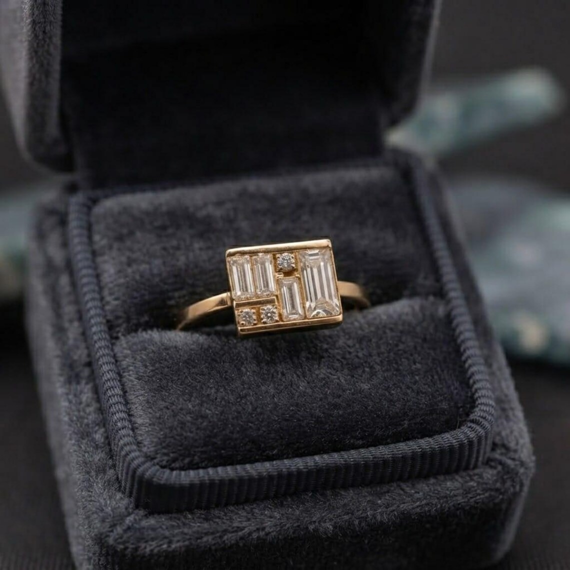 Multi Baguette Moissanite Box Ring, Antique Statement Ring, Unique Wedding Ring, Bezel Elegant Geometric Ring, Art Deco Gift For Women